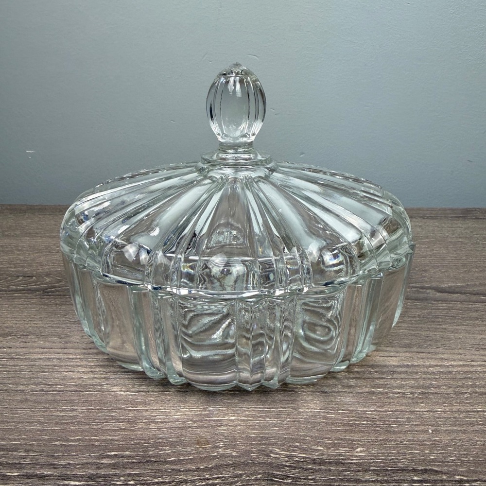 Vintage Clear Pressed Glass Ribbed Candy Dish with Lid Round Covered Jar 7in